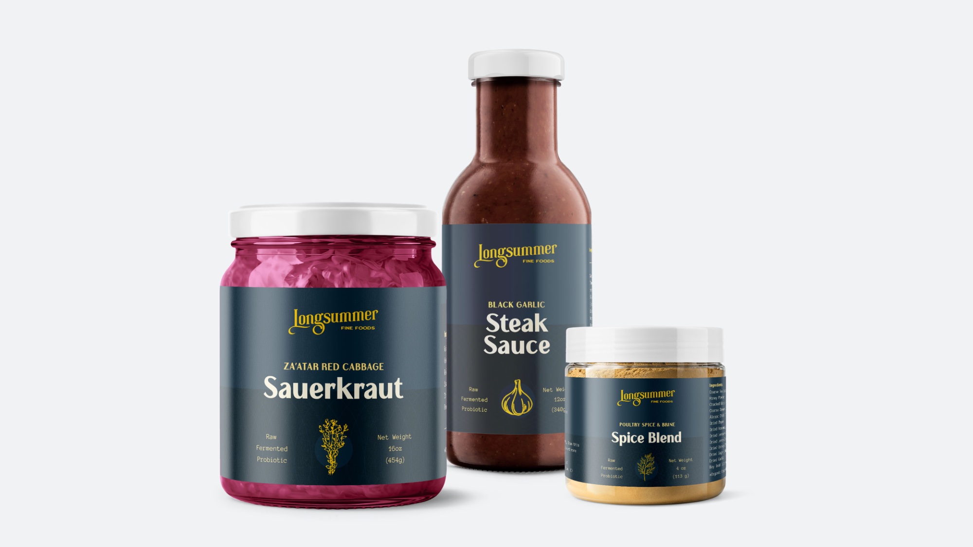 Longsummer Fine Foods product lineup — Za'atar Red Cabbage Sauerkraut, Black Garlic Steak Sauce, and Poultry Spice Blend